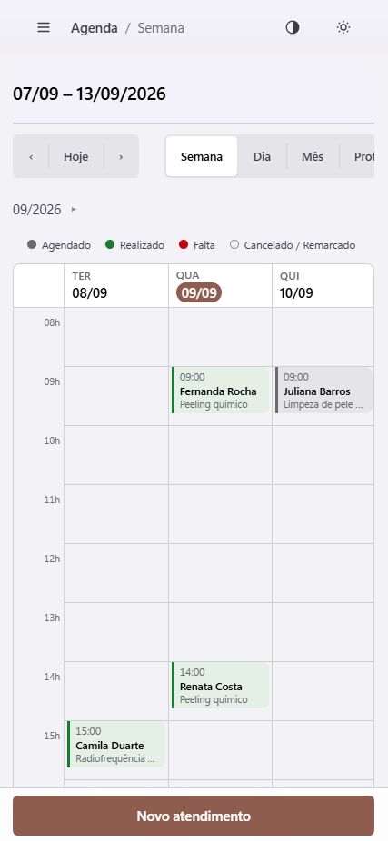 Agenda semanal do Harmis no celular, mostrando três dias por vez e a barra de ação fixa no rodapé.