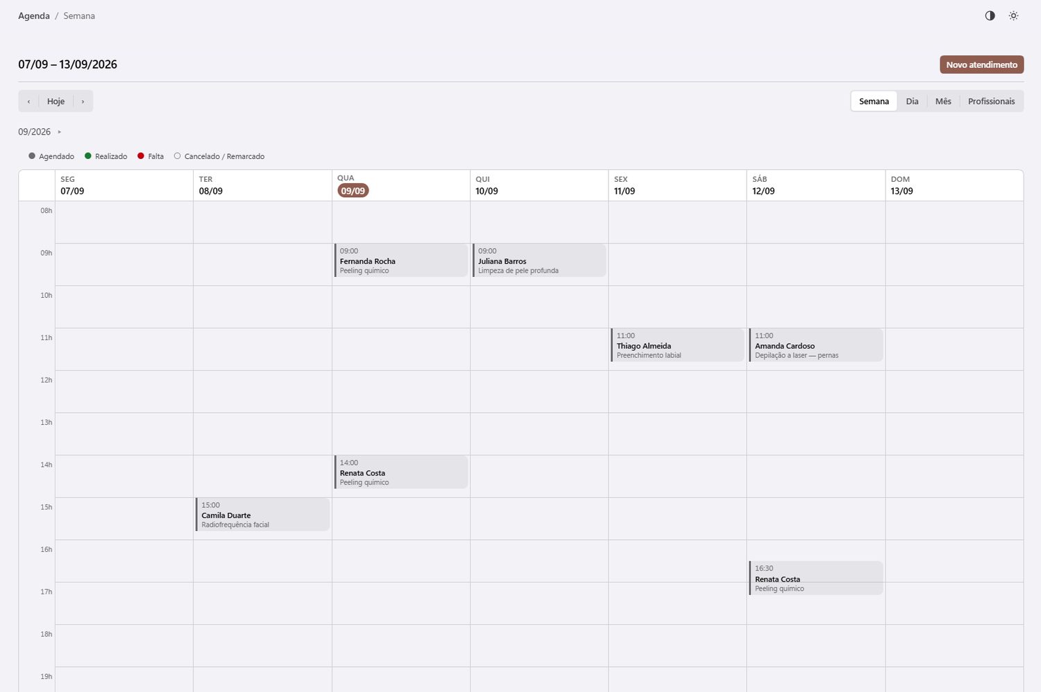 Tela de agenda semanal do Harmis, com os atendimentos da semana marcados por dia e a legenda de situações.
